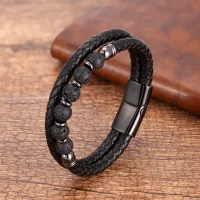 pulsera doble trenzado redondo de cuero negro con cierre acero negro y bolas de lava volcánica