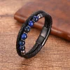 pulsera doble trenzado redondo de cuero negro con cierre acero negro y bolas de piedra natural azules