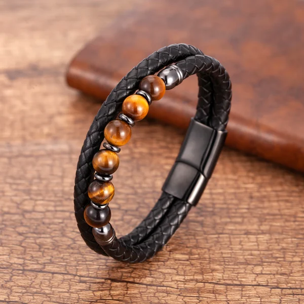 pulsera doble trenzado redondo de cuero negro con cierre acero negro y bolas de piedra natural marrones