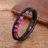 pulsera doble trenzado redondo de cuero negro con cierre acero negro y bolas de piedra natural rosas