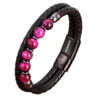 pulsera doble trenzado redondo de cuero negro con cierre acero negro y bolas de piedras naturales rosas