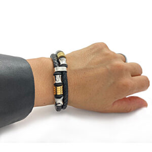 pulsera cuero negro doble trenzado con cuentas metalicas plata y oro modelo