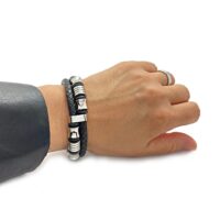 pulsera cuero negro doble trenzado con cuentas metalicas plata modelo