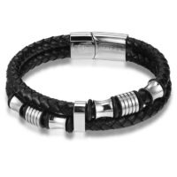 pulsera cuero negro doble trenzado con cuentas metalicas plateadas