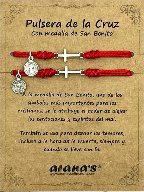 pulsera cruz medalla San Benito de hilo rojo pergamino